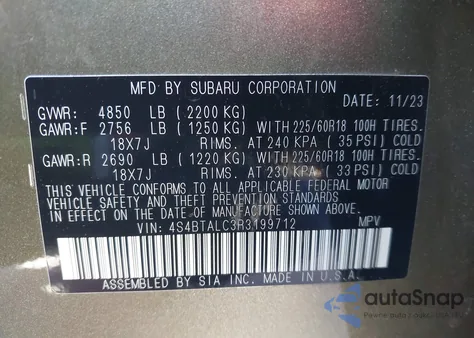 2024 Subaru Outback Onyx Edition из США, поврежденный, VIN 4S4BTALC3R3199712